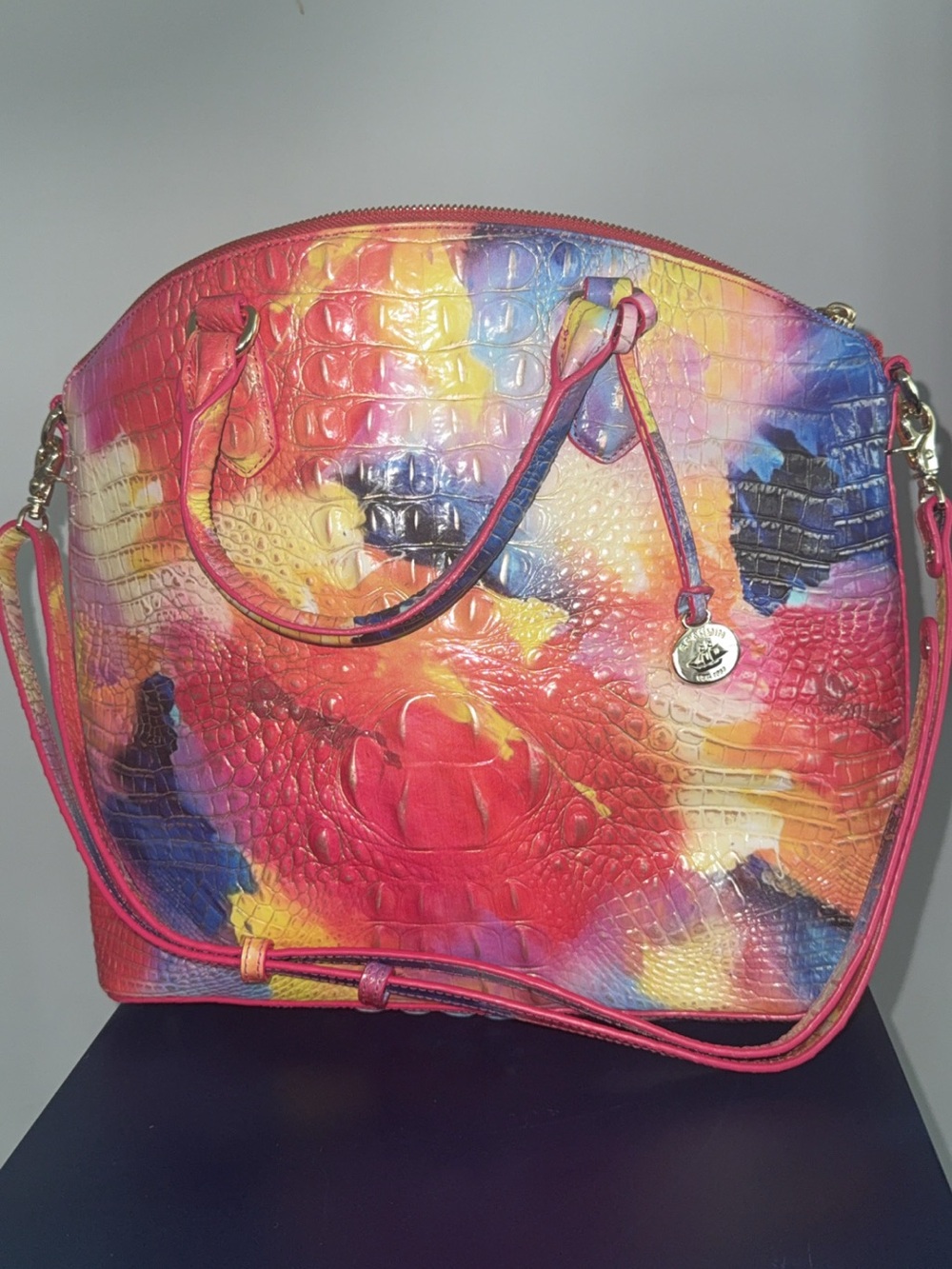 Brahmin Multicolor Croc-Embossed Dome Satchel - Pink, Yellow, Blue